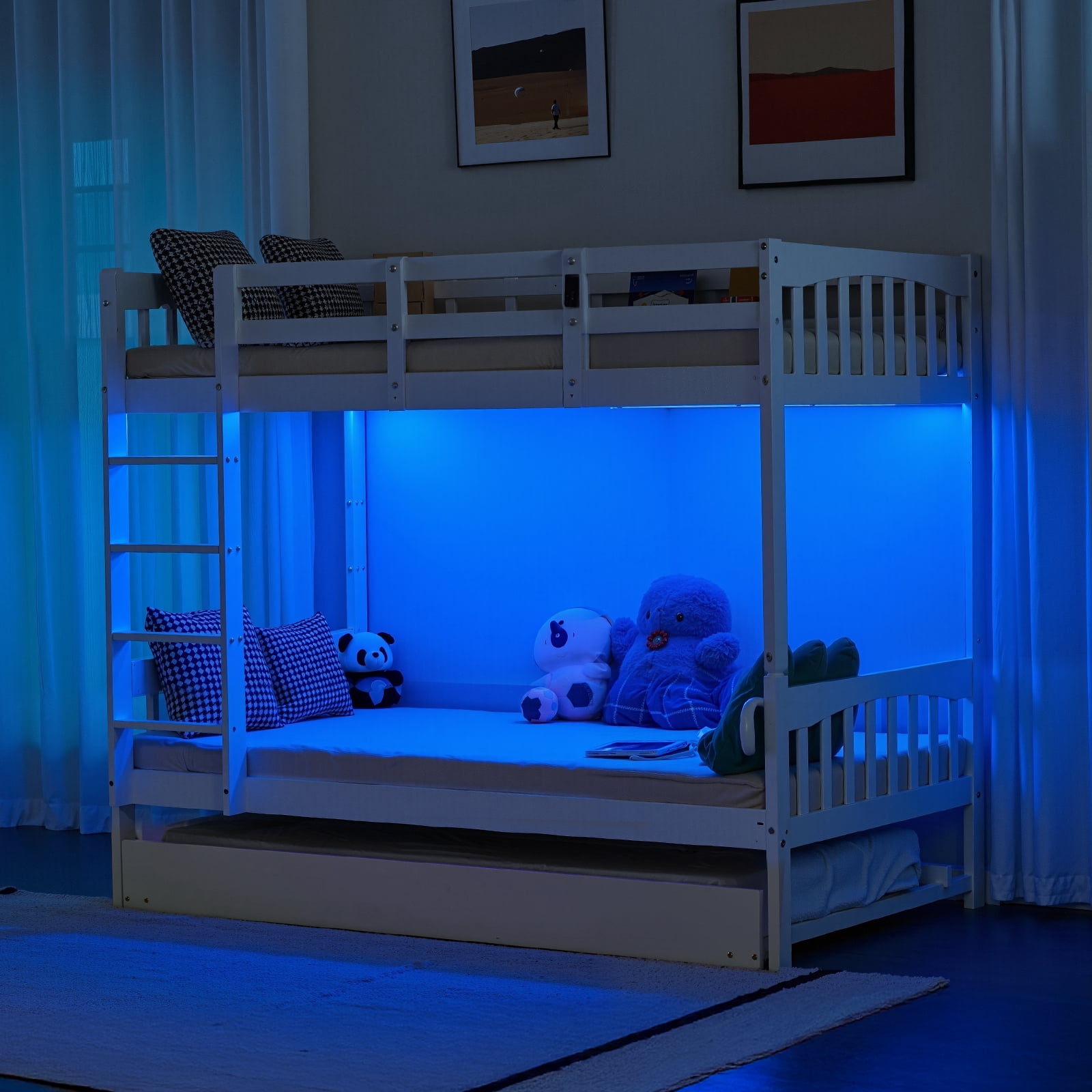 Ktaxon Solid Wood Twin-over-Twin Bunk Bed with Trundle, Bunk Bed Frame with Guardrails & Charging Station, White