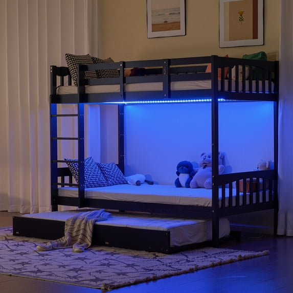 Ktaxon Solid Wood Twin-over-Twin Bunk Bed with Trundle, Bunk Bed Frame with Guardrails & Charging Station, Black