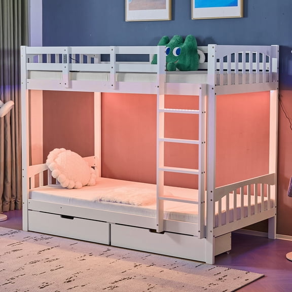 Ktaxon Wood Twin-over-Twin Bunk Bed Frame with 2 Drawer and Charging Station, White