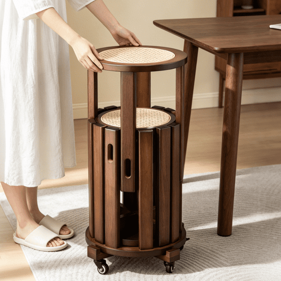 Ktaxon Stackable Dining Chairs Set of 4, Rolling Farmhouse Dining Stools Set 4 Pcs, Rubberwood Frame with Rattan Seat, Perfect for Small Space, Multifunctional & Portable, Walnut