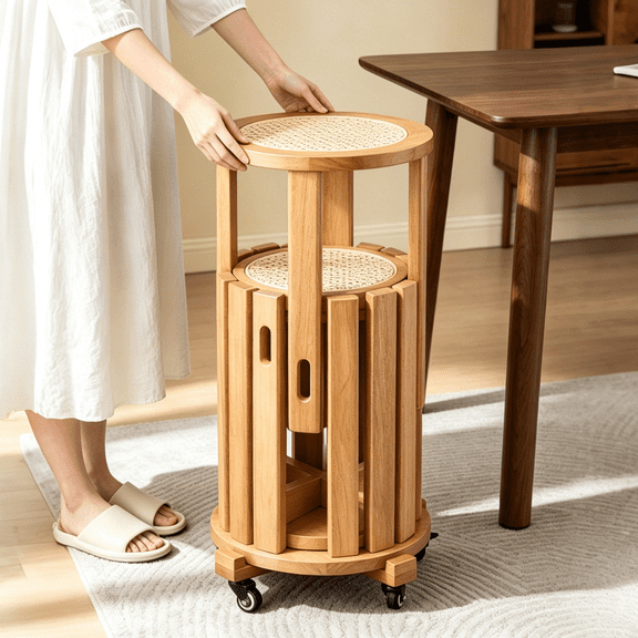 Ktaxon Stackable Dining Chairs Set of 4, Rolling Farmhouse Dining Stools Set 4 Pcs, Rubberwood Frame with Rattan Seat, Perfect for Small Space, Multifunctional & Portable, Natural