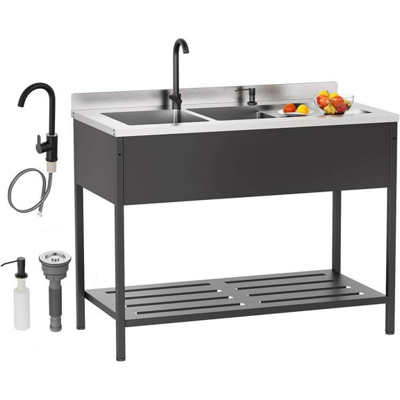 Ktaxon Stainless Steel Double Bowl Utility Sink, Free Standing Sink with Faucet, Perfect for Laundry Room, Kitchen, Restaurant, Garage, Backyard, 23"D x 48"W x 39"H