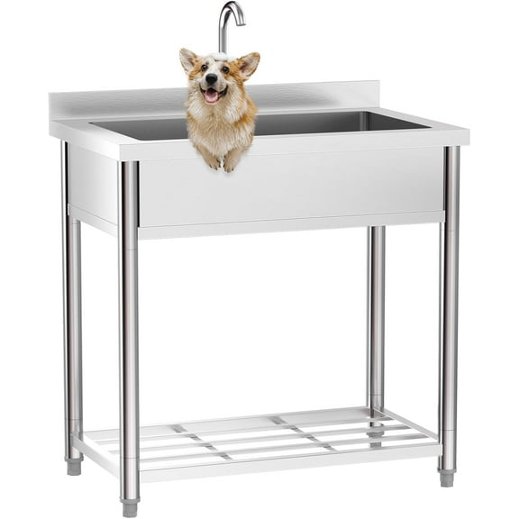 Ktaxon Stainless Steel Freestanding Utility Sink with Faucet and Storage Shelf, Deep Single Bowl Wash Station for Pet Grooming, Laundry & Garage, 35.4"D x 22.4"W x 36.9"H