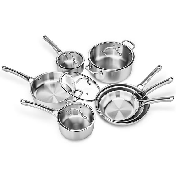 Ktaxon 11-Piece Stainless Steel Cookware Set, 3 Ply Pots and Pans Kitchen Set, Oven Dishwasher Safe, Compatible for Most Cooktops