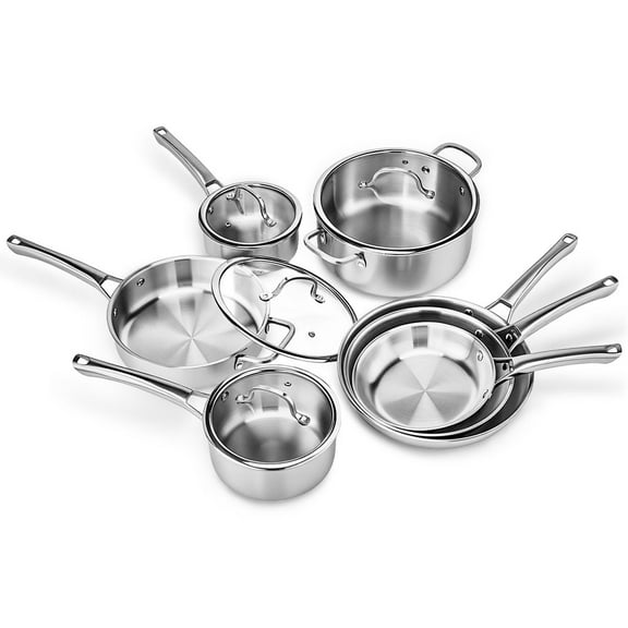 Ktaxon 11-Piece Stainless Steel Cookware Set, 3 Ply Pots and Pans Kitchen Set, Oven Dishwasher Safe, Compatible for Most Cooktops