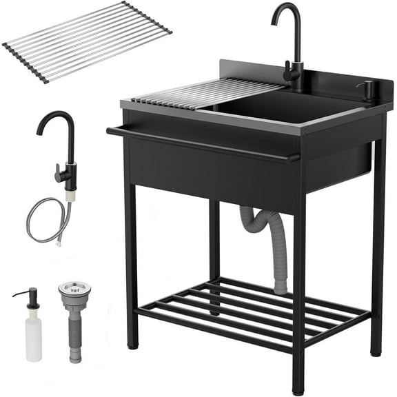 Ktaxon Stainless Steel Utility Sink, Free Standing Sink with Faucet & Draining Rack, Perfect for Laundry Room, Kitchen, Restaurant, Garage, Backyard, 22"D x 31"W x 40"H