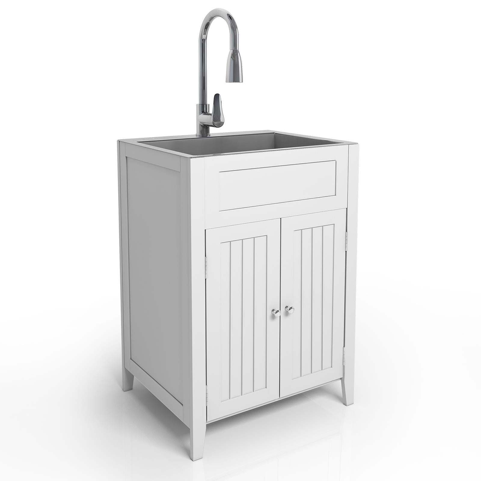 30 Inch Stainless Steel Laundry Sink With Cabinet & Pull-Out Sprayer Faucet - Double Basin Utility Sink