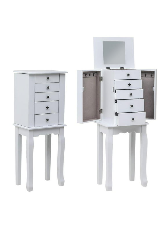 Ktaxon Standing Jewelry Armoire Cabinet Chest Holder with Mirror White, 5 Drawers