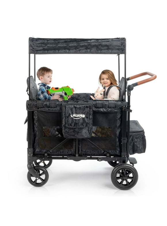 Ktaxon Stroller Wagon for 2 Kids, Featuring 2 High Face-to-Face Seats with 5-Point Harnesses, Removable UV-Protection Canopy, Black Camo