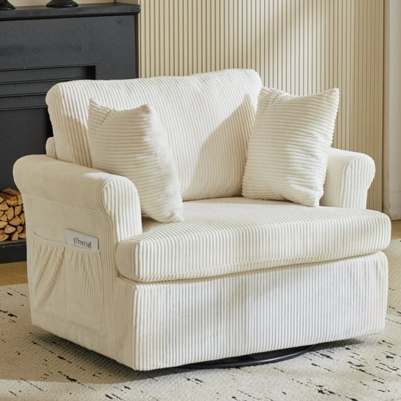 Ktaxon Swivel Accent Chair, 360-Degree Rotation Reading Chair, Corduroy Fabric Sofa with Armrest Pockets, Solid Metal Base, Perfect for Living Room Bedroom Beige