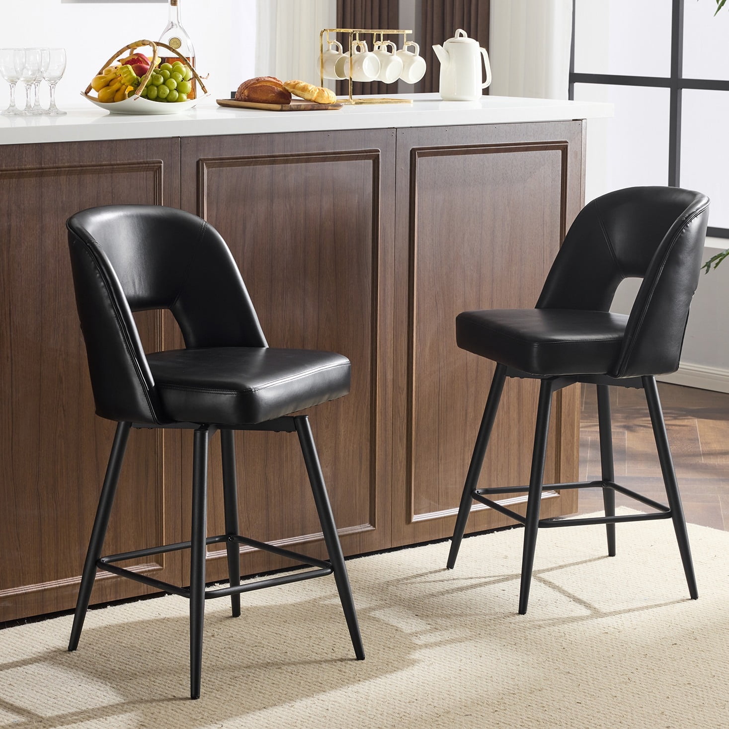 Ktaxon Swivel Barstools 2 Set, Counter Height Chairs 26in Padded Bar Height Upholstered Stools, Black