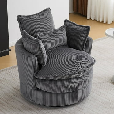 Ktaxon Swivel Corduroy Round Chair, 360-Degree Rotation Accent Chair, Double Layer Cushion Sofa with Lumbar Pillow, Ideal for Home Office Gray