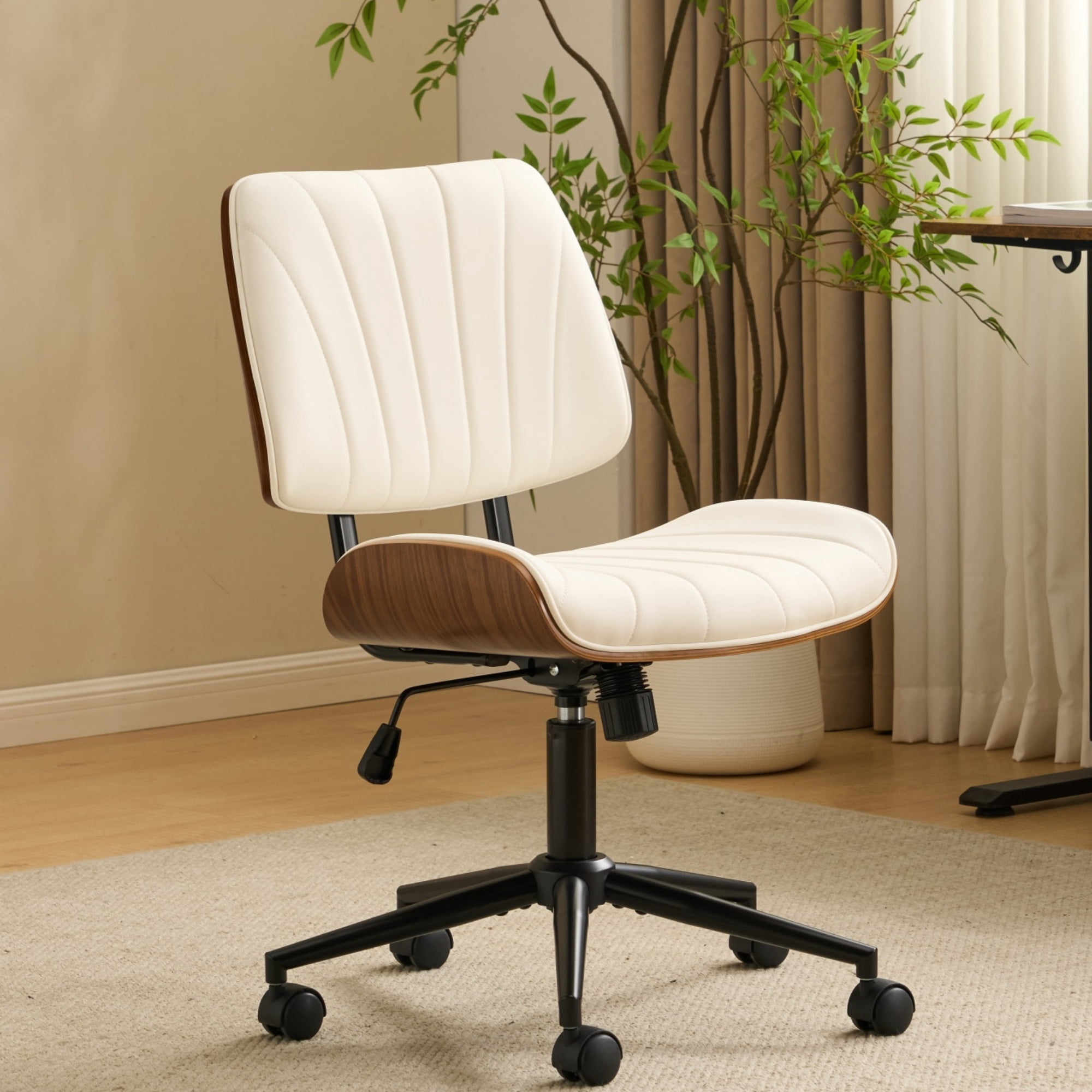 Ktaxon Swivel Office Chair, Armless Curved Wood Accent Desk Chair with PU Upholstered, Black Base Task Chair for Study, Makeup Vanity White