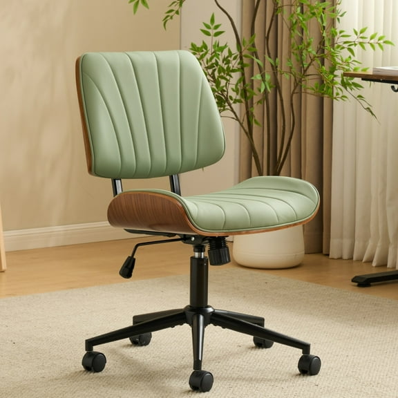 Ktaxon Swivel Office Chair, Armless Curved Wood Accent Desk Chair with PU Upholstered, Black Base Task Chair for Study, Makeup Vanity Green
