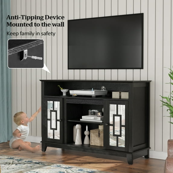 Ktaxon TV Stand for UP 55'' TV, TV Stand, Retro Glass Storage Cabinet, Black (Fireplace not included)