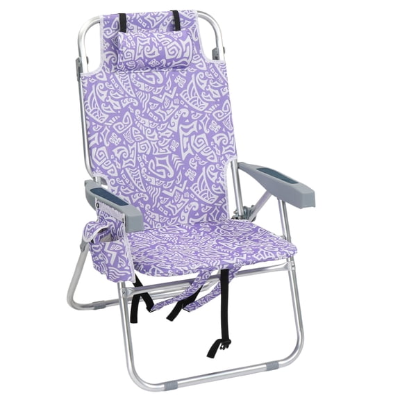 Ktaxon Tall Backpack Beach Chair, 5-Position Protable Beach Chair, Light-Weight Foldable Camping Chair with Back Storage Bag & Cooler Pouch and Side Bags for Beach Poolside (Purple Tribal Print)