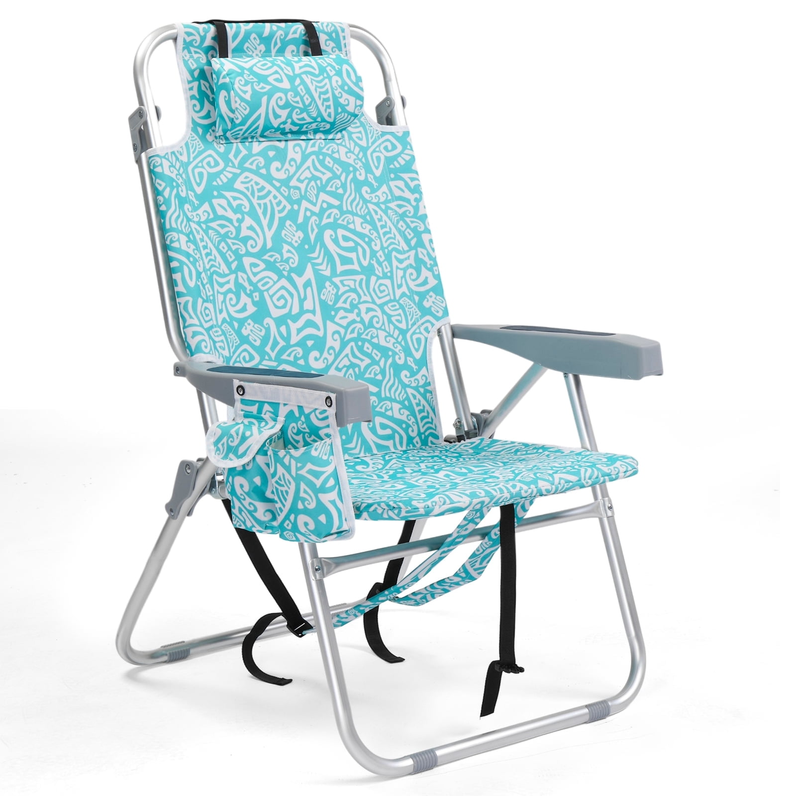 Ktaxon Tall Backpack Beach Chair, 5-Position Protable  Beach Chair, Light-Weight Foldable Camping Chair with Back Storage Bag & Cooler Pouch and Side Bags for Beach Poolside (Green Tribal Print)