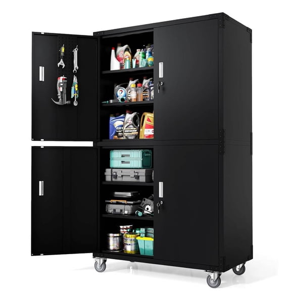 Ktaxon Tall Rolling Metal Garage Storage Cabinet, 4-Door Lockable Steel Organizer w/ 4 Adjustable Shelves, Pegboard & Hooks, 43x23x75 Black