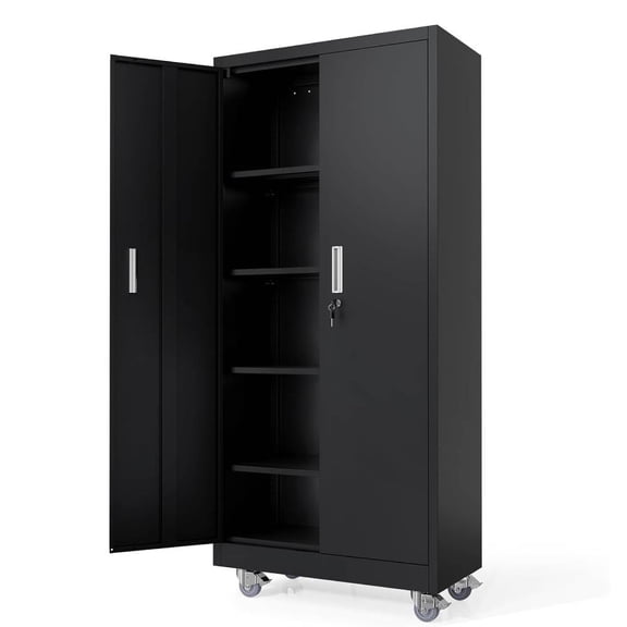 Ktaxon Tall Rolling Steel Storage Cabinet with Lock, 4 Adjustable Shelves, Metal Tool Organizer on Braked Wheels for Garage Office Gym, 31.5 x 15.8 x 71 Black