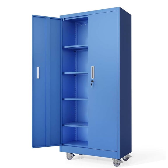 Ktaxon Tall Rolling Steel Storage Cabinet with Lock, 4 Adjustable Shelves, Metal Tool Organizer on Braked Wheels for Garage Office Gym, 31.5 x 15.8 x 71 Blue