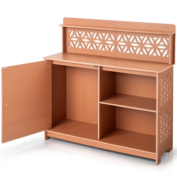 Zimtown Teak Color PVC Outdoor Storage Cabinet, Weatherproof Patio Organizer with Open Shelves & Decorative Cutout