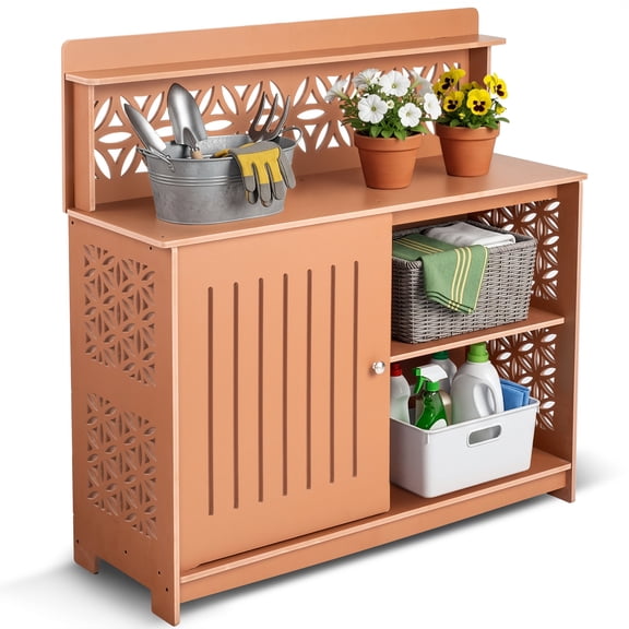 Ktaxon Teak Color PVC Outdoor Storage Cabinet, Weatherproof Patio Organizer with Open Shelves & Decorative Cutout