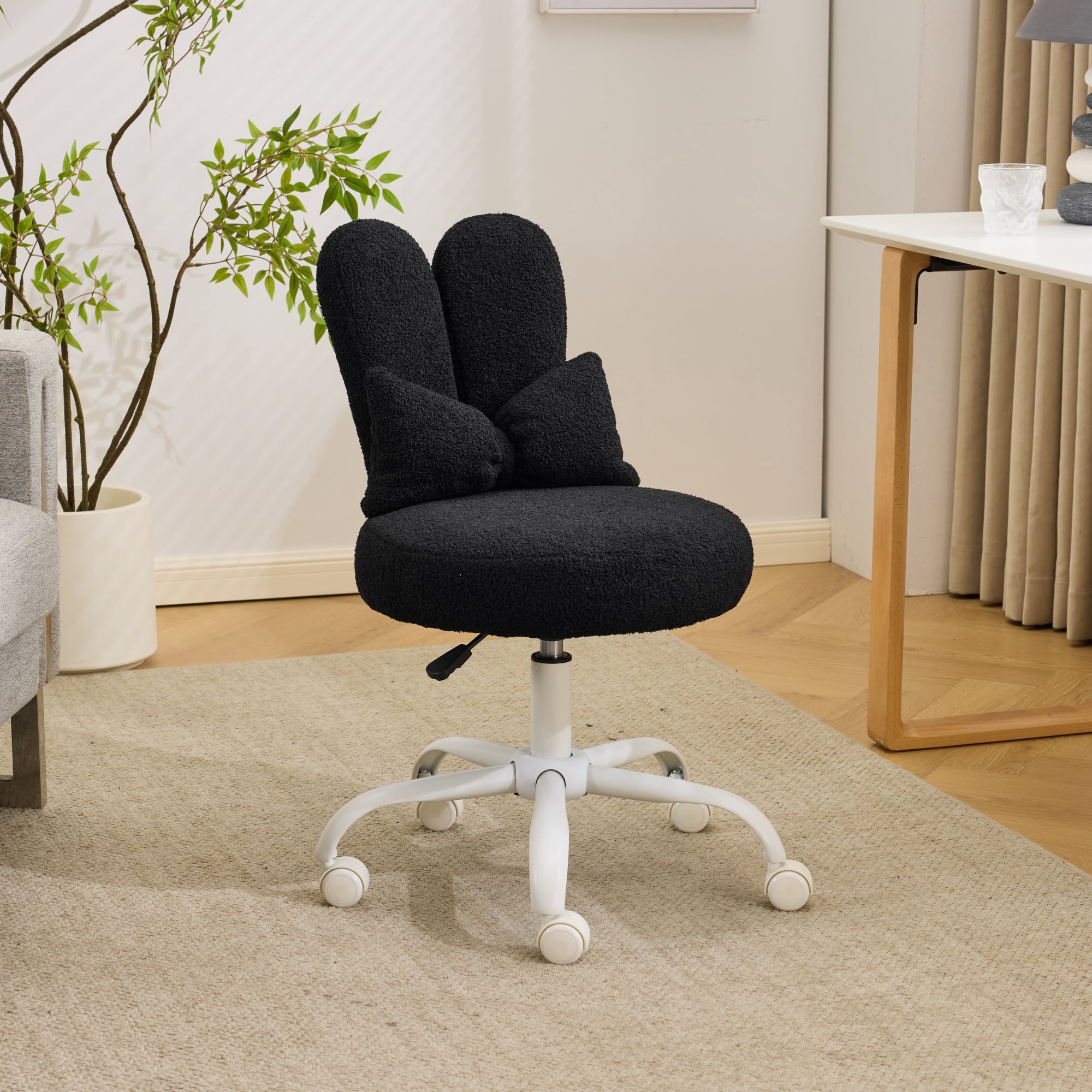 Ktaxon Teddy Fleece Office Chair, Rabbit Ear Backrest Vanity Chair, Adjustable Swivel Reading Chair for Home Office Black