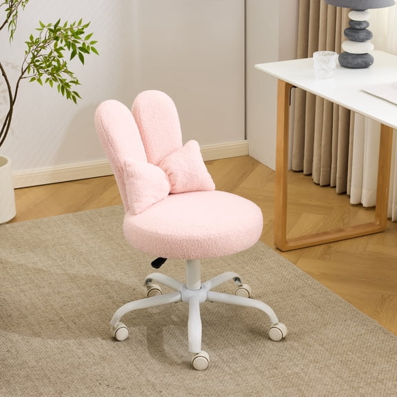 Ktaxon Teddy Fleece Office Chair, Rabbit Ear Backrest Vanity Chair, Adjustable Swivel Reading Chair for Home Office Pink