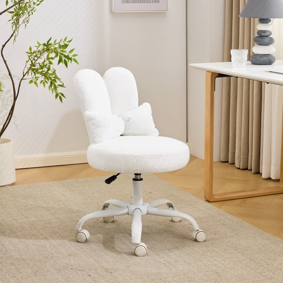 Ktaxon Teddy Fleece Office Chair, Rabbit Ear Backrest Vanity Chair, Adjustable Swivel Reading Chair for Home Office White
