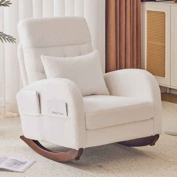 Ktaxon Teddy Velvet Rocking Chair, Upholstered High‑Back Nursery Glider Accent Rocker, Cozy Reading Lounge Chair for Living Room Bedroom, Beige