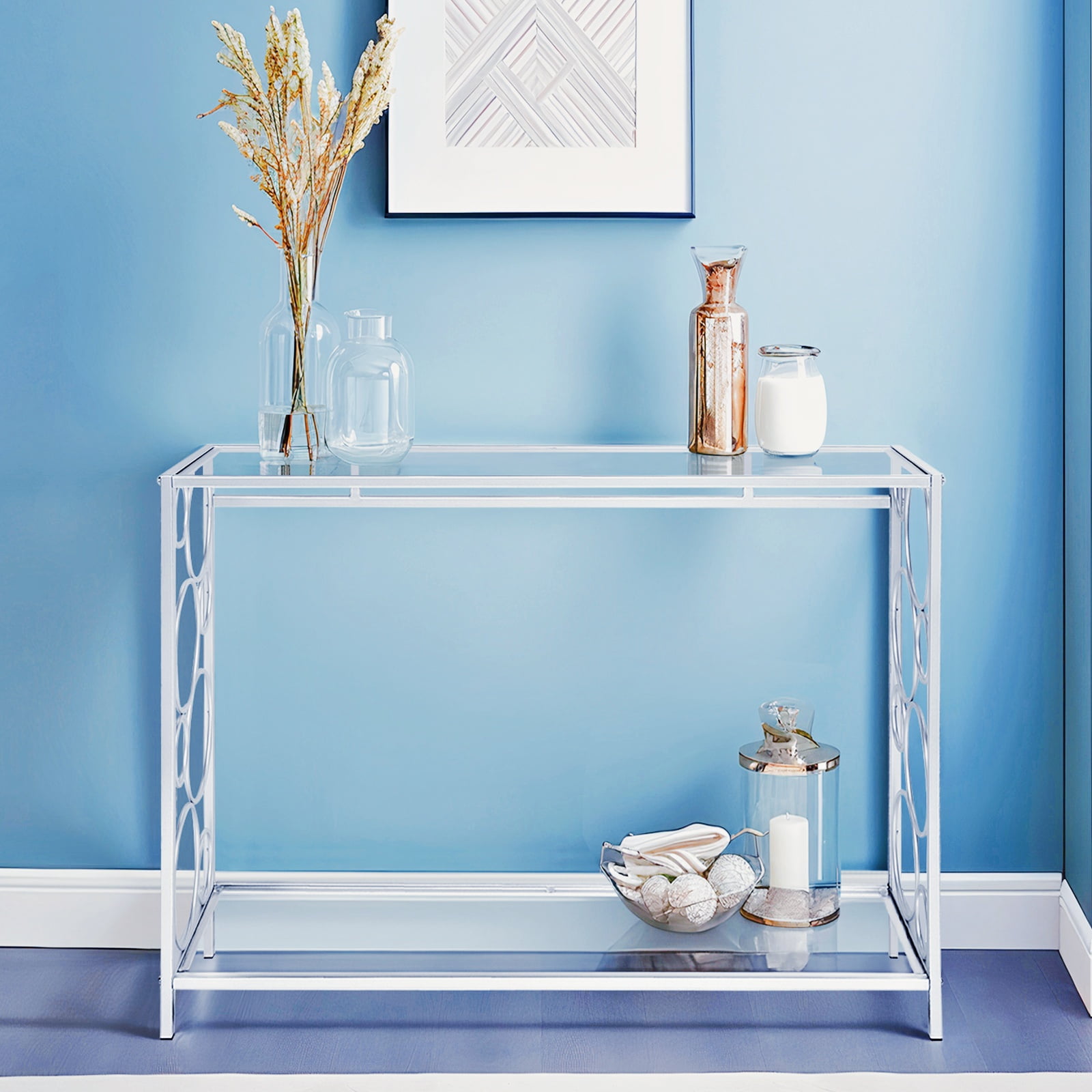 Ktaxon Tempered Glass 2-Tier Console Table for Entryway, Clear Sofa Table Side Desk TV Stand with Shelf for Living Room Hallway Bedroom, Metal Frame, Circle Pattern