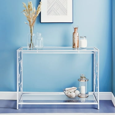 Ktaxon Tempered Glass 2-Tier Console Table for Entryway, Clear Sofa Table Side Desk TV Stand with Shelf for Living Room Hallway Bedroom, Metal Frame, Circle Pattern