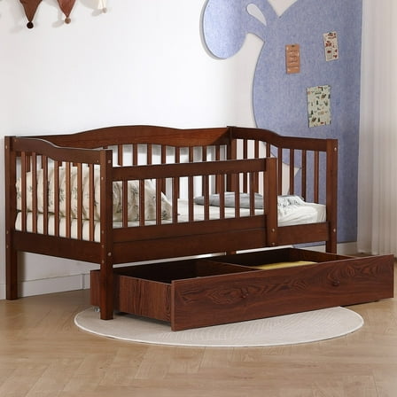Ktaxon Toddler Daybed with Storage Drawers, Wood Kids Platform Bed Frame with Rails, No Box Spring Needed, Easy Assembly - Brown