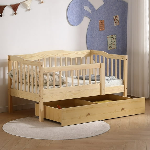 Ktaxon Toddler Daybed with Storage Drawers, Wood Kids Platform Bed Frame with Rails, No Box Spring Needed, Easy Assembly - Natural Wood
