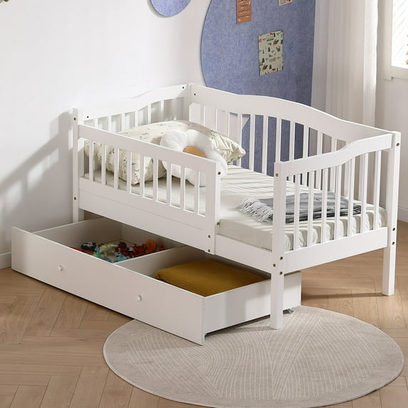 Ktaxon Toddler Daybed with Storage Drawers, Wood Kids Platform Bed Frame with Rails, No Box Spring Needed, Easy Assembly - White
