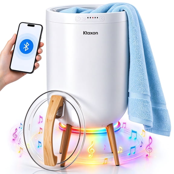 Ktaxon Towel Warmer, 20L Towel Warmer Bucket for Bathroom - Bluetooth Speaker Ambient Light, Adjustable Timer, Auto Shut-Off, Fits Up to Two Large 40x70 Towels, Blanket Robes Pjs, Ideal Gift - White