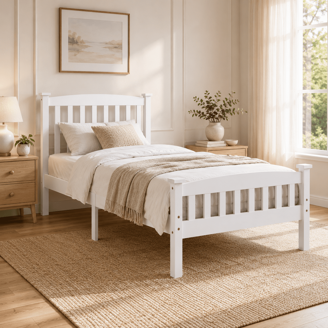 Ktaxon Twin Bed Frame,Solid Pine Wood Twin Platform Bed Frame, Bedroom Twin Bed with Headboard for Adults, White, 78.94"L*42.44"W*39.17"H