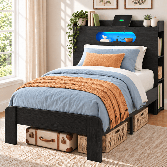 Ktaxon Twin Bed Frame with Storage Headboard, LED Lights & Charging Station, Farmhouse Style, Black
