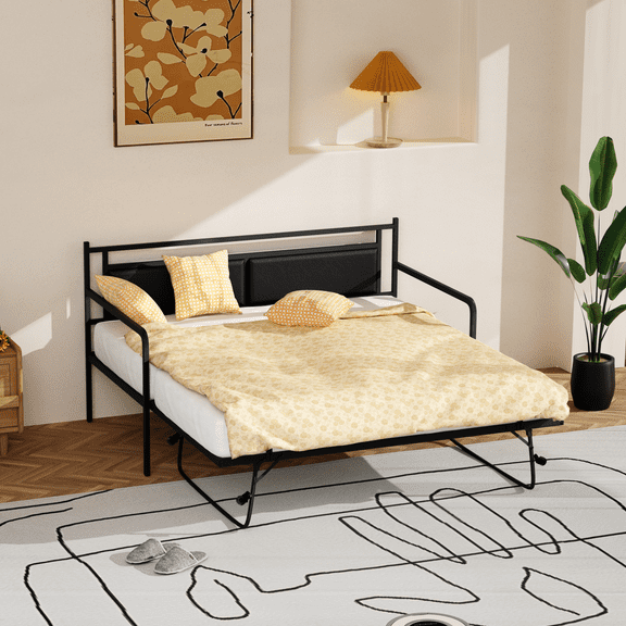 Ktaxon Twin Daybed with Trundle Bed, Daybed with PU Headboard and Charging Station, Metal Sofa Bed Frame with LED for Living Room, Black