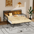 thumbnail image 1 of Ktaxon Twin Daybed with Trundle Bed, Daybed with Wooden Headboard and Charging Station, Metal Sofa Bed Frame with LED for Living Room, Brown, 1 of 9