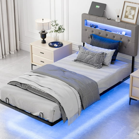 Ktaxon Twin Floating Bed Frame with Charging Station, LED Bed Frame with Headboard, Upholstered Platform Bed, Gray