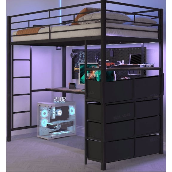 Ktaxon Twin Loft Bed with Desk, Bunk Bed Frame with 7 Storage Drawers Dressers and LED Light, Bedroom Space Saving, Black