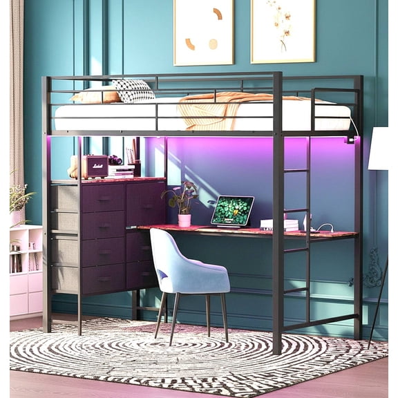 Ktaxon Twin Loft Bed with Desk, Bunk Bed Frame with 7 Storage Drawers Dressers and LED Light, Bedroom Space Saving, Black