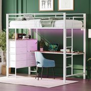 Ktaxon Twin Loft Bed with Desk, Bunk Bed Frame with 7 Storage Drawers Dressers and LED Light, Bedroom Space Saving, White