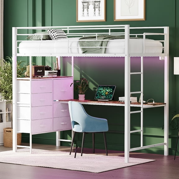 Ktaxon Twin Loft Bed with Desk, Bunk Bed Frame with 7 Storage Drawers Dressers and LED Light, Bedroom Space Saving, White