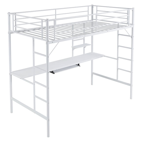 Ktaxon Twin Loft Bed with Desk, Metal Bunk Bed Frame with Shelf for Small Space, White