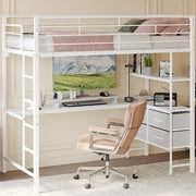 Ktaxon Twin Loft Bed with L Shaped Desk, Bed Frame with LED Light and Charging Station, Bedroom Space Saving for Kids, Adult, White