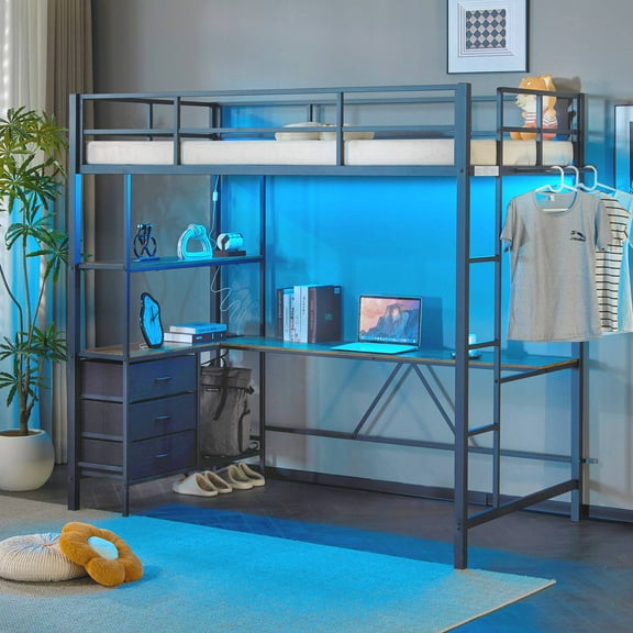 Ktaxon Twin Loft Bed with L Shaped Desk, Metal Bunk Bed with 3 Storage Drawers, Metal Bed Frame, Black