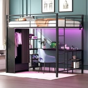 Ktaxon Twin Loft Bed with Wardrobe, Bunk Bed Frame with Desk and LED Light, Black