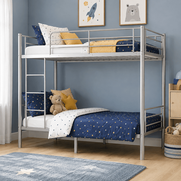 Ktaxon Twin Over Twin Metal Bunk Bed with Ladder, 13-Inch Guardrails, No Box Spring Needed, Space-Saving, Gray